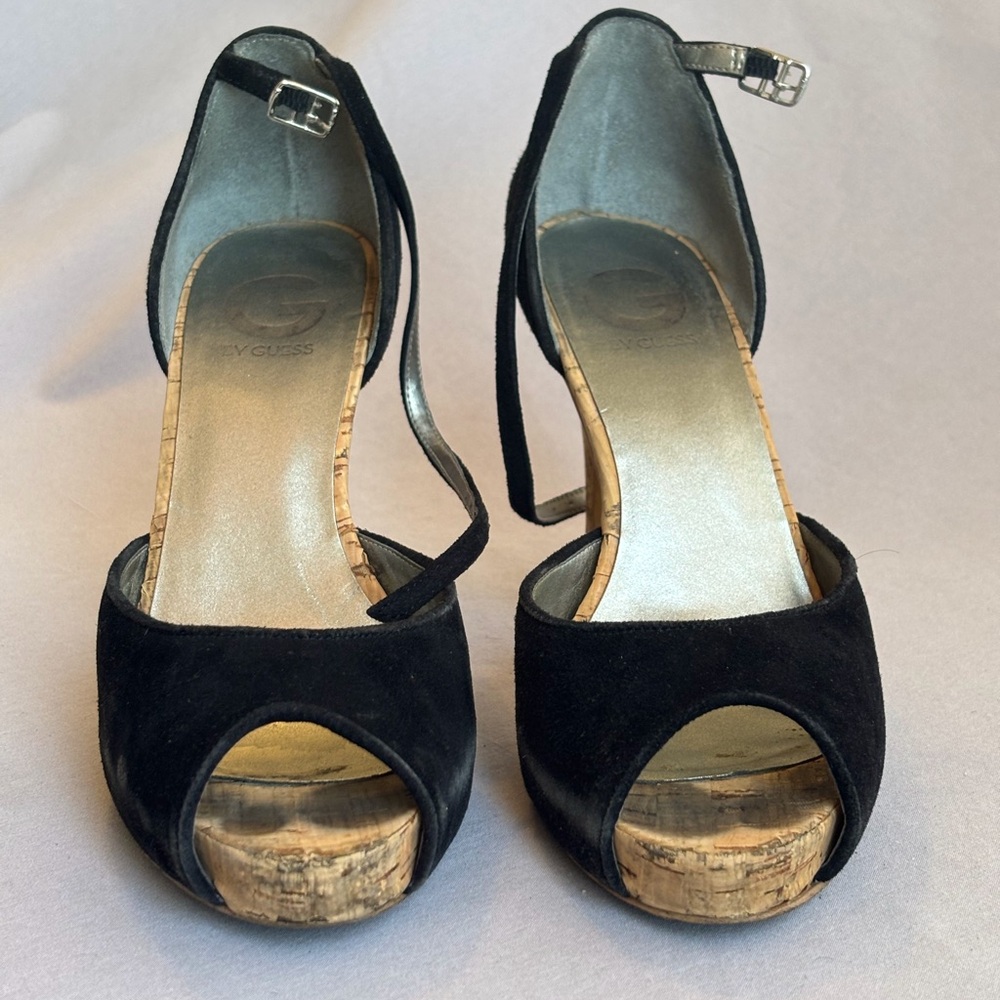 Black Suede Peep-Toe Cork Platform Heels